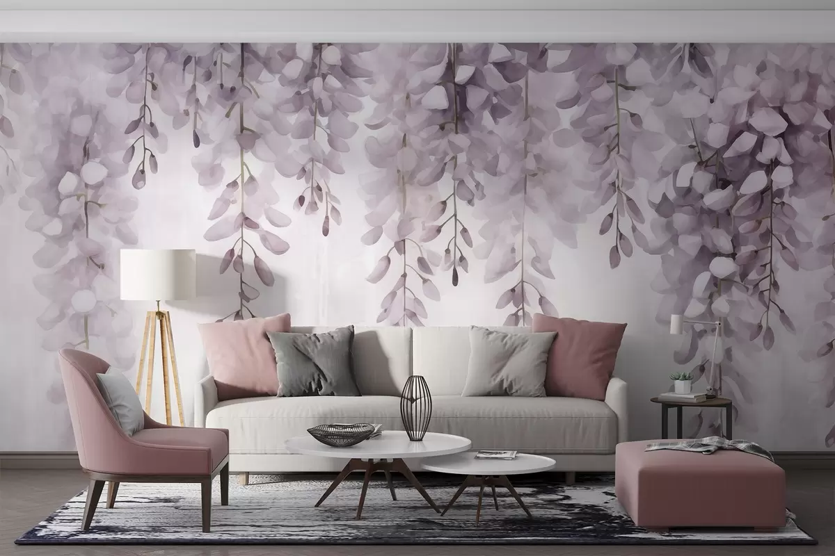 zidne murale Akvarelni prizor s mekom jorgovanom glicinijom koja se slijeva odozgo, evocirajući mir i jasnoću jutarnje izmaglice w04034v3