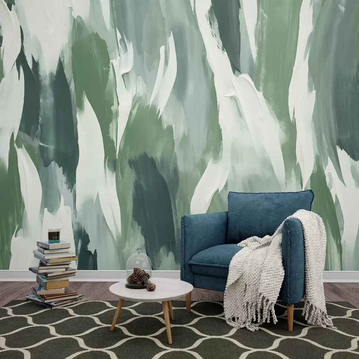 zidne murale Apstraktna tekstura smjelih zelenih i krem potezova kistom, koja evocira ritam lišća nošenog vjetrom i organskog kretanja w04035