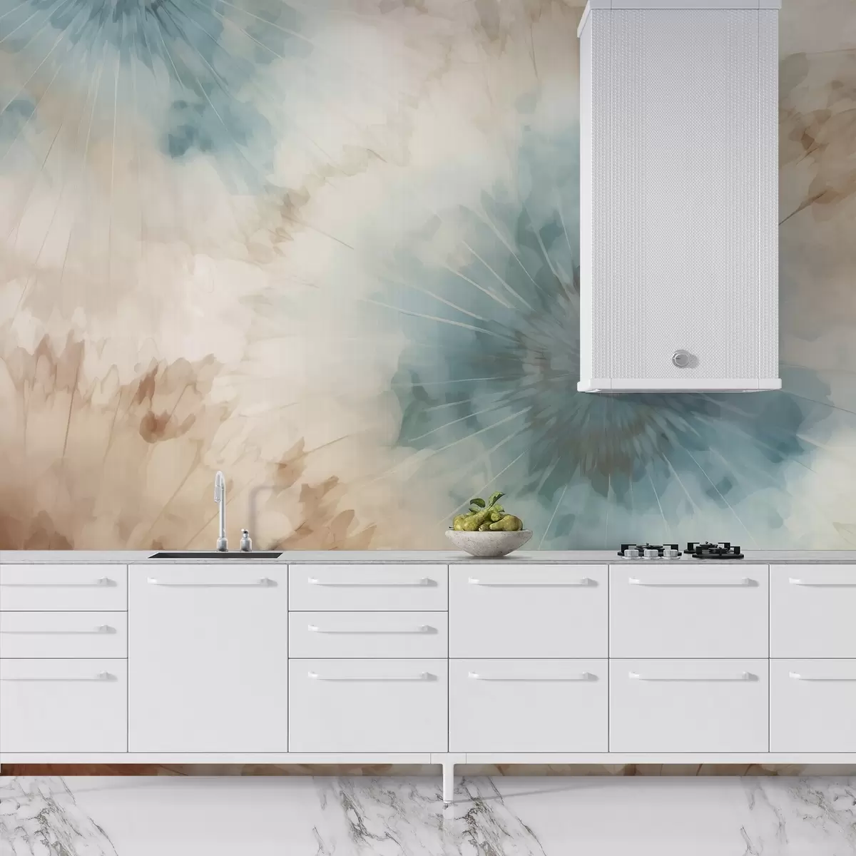 zidne murale Zračeći bljeskovi u nebesko plavim, glinenim i oker tonovima stvaraju nježnu interakciju uzemljene energije i prozračnog širenja, evocirajući puls prirode w04036