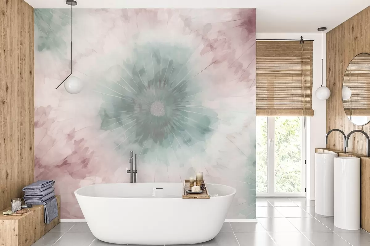 zidne murale Akvarelni radijalni uzorak koji miješa maglovito zelene i prašnjavo ružičaste nijanse, evocirajući mekoću jutarnje rose i prvi dah dana w04036v2