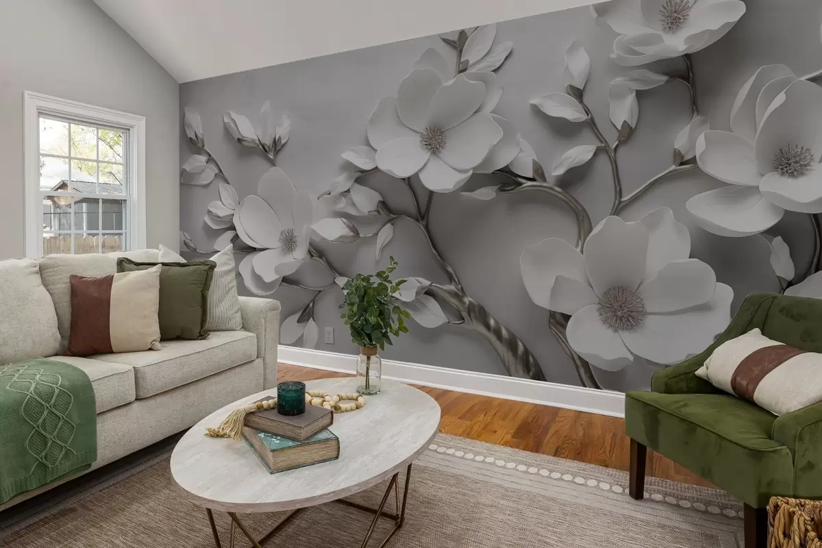 zidne murale Dimenzionalna cvjetna grana u čisto bijelim i neutralnim tonovima w04039v2