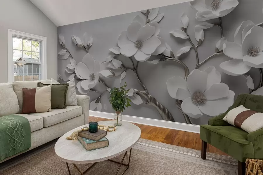 zidne murale Dimenzionalna cvjetna grana u čisto bijelim i neutralnim tonovima w04039v2