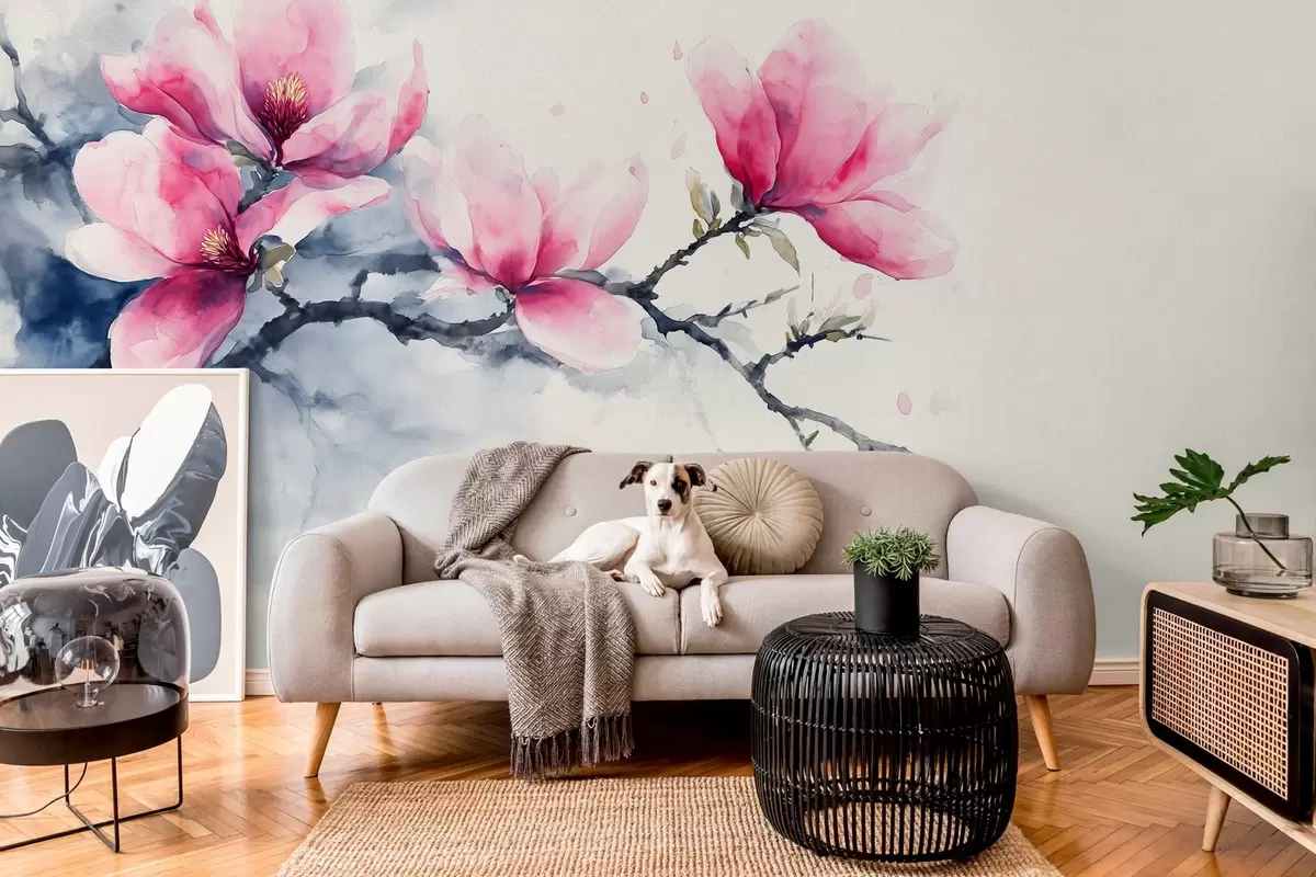 zidne murale Cvjetajuća grana ružičaste magnolije na bjelokosnoj pozadini w04027