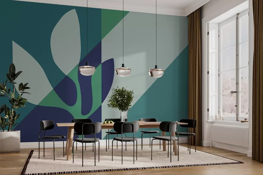 zidne murale apstraktna grafička biljka na geometrijskoj pozadini u plavim tonovima w04028v1