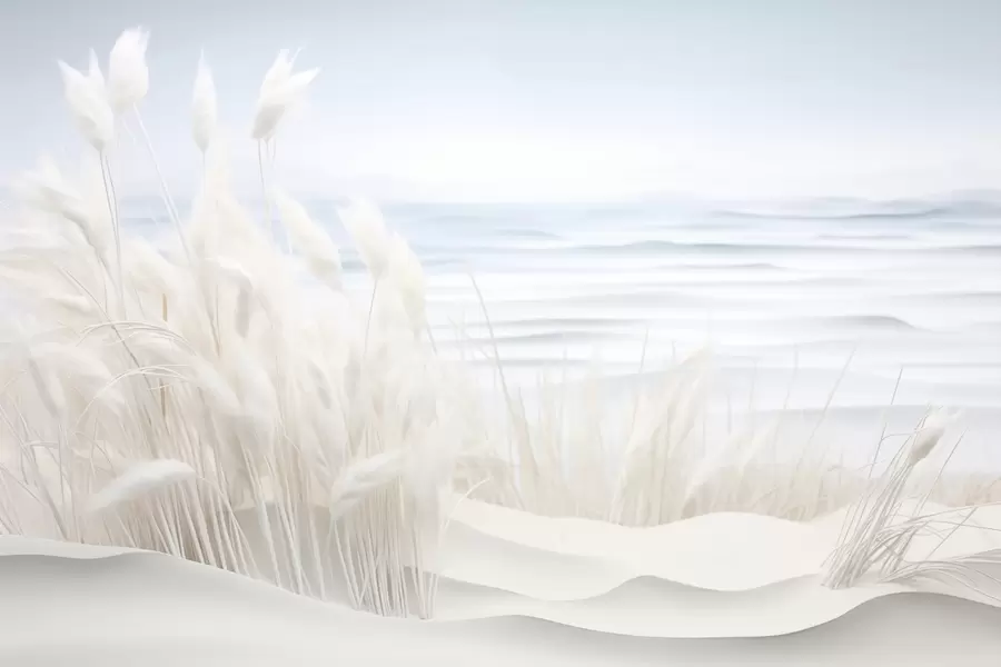 zidne murale Pejzaž s bijelom pampas travom na pješčanoj dini, sa svijetloplavim oceanom u pozadini, mekan, minimalistički stil w09132