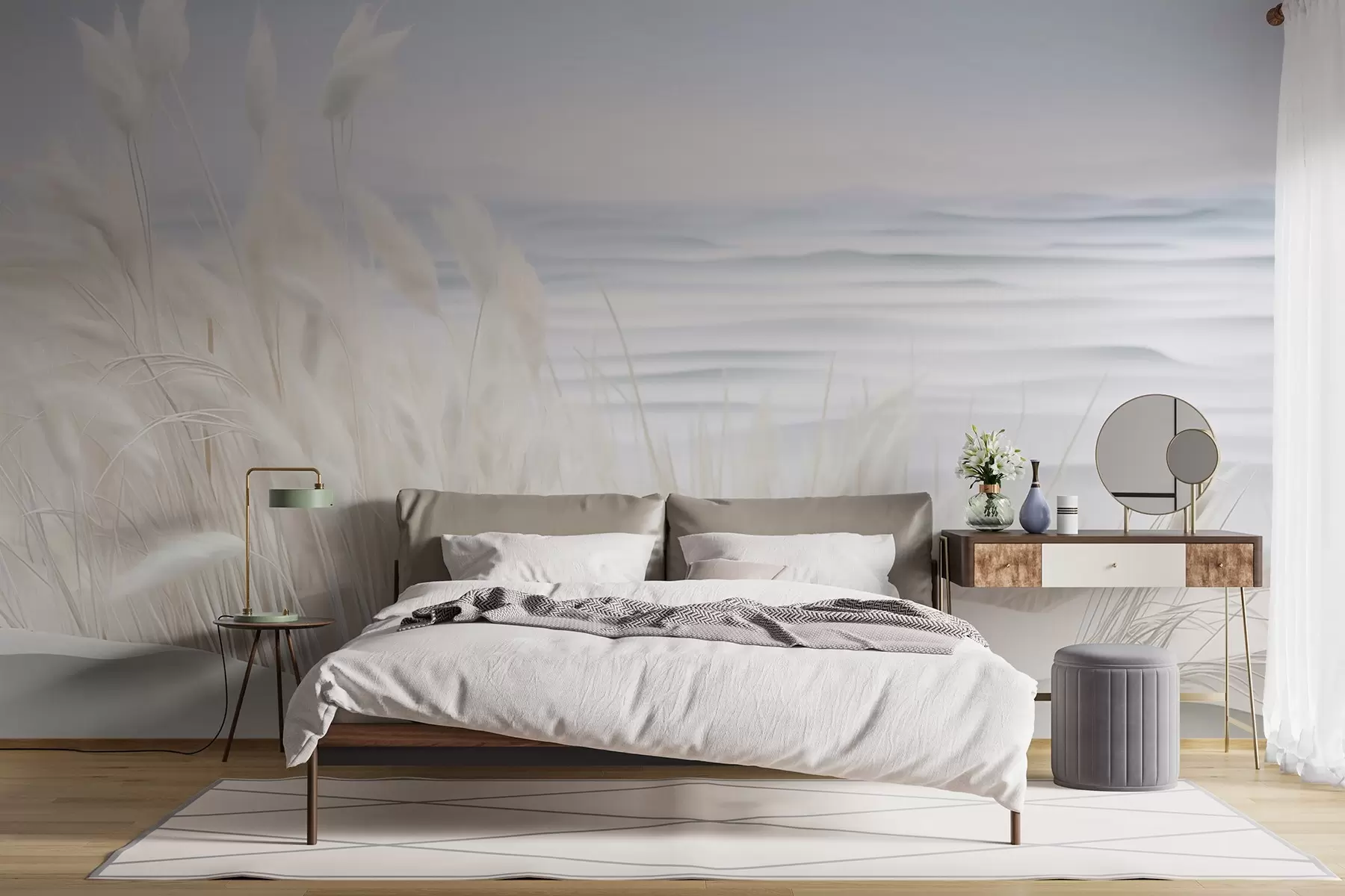 zidne murale Pejzaž s bijelom pampas travom na pješčanoj dini, sa svijetloplavim oceanom u pozadini, mekan, minimalistički stil w09132