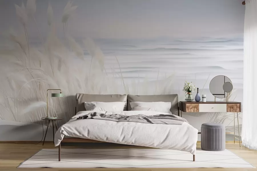 zidne murale Pejzaž s bijelom pampas travom na pješčanoj dini, sa svijetloplavim oceanom u pozadini, mekan, minimalistički stil w09132