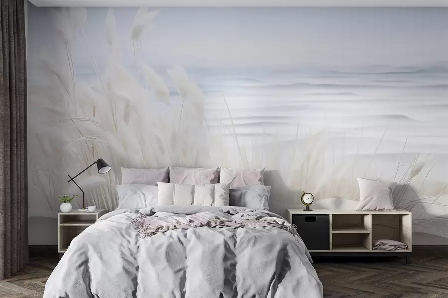 zidne murale Pejzaž s bijelom pampas travom na pješčanoj dini, sa svijetloplavim oceanom u pozadini, mekan, minimalistički stil w09132