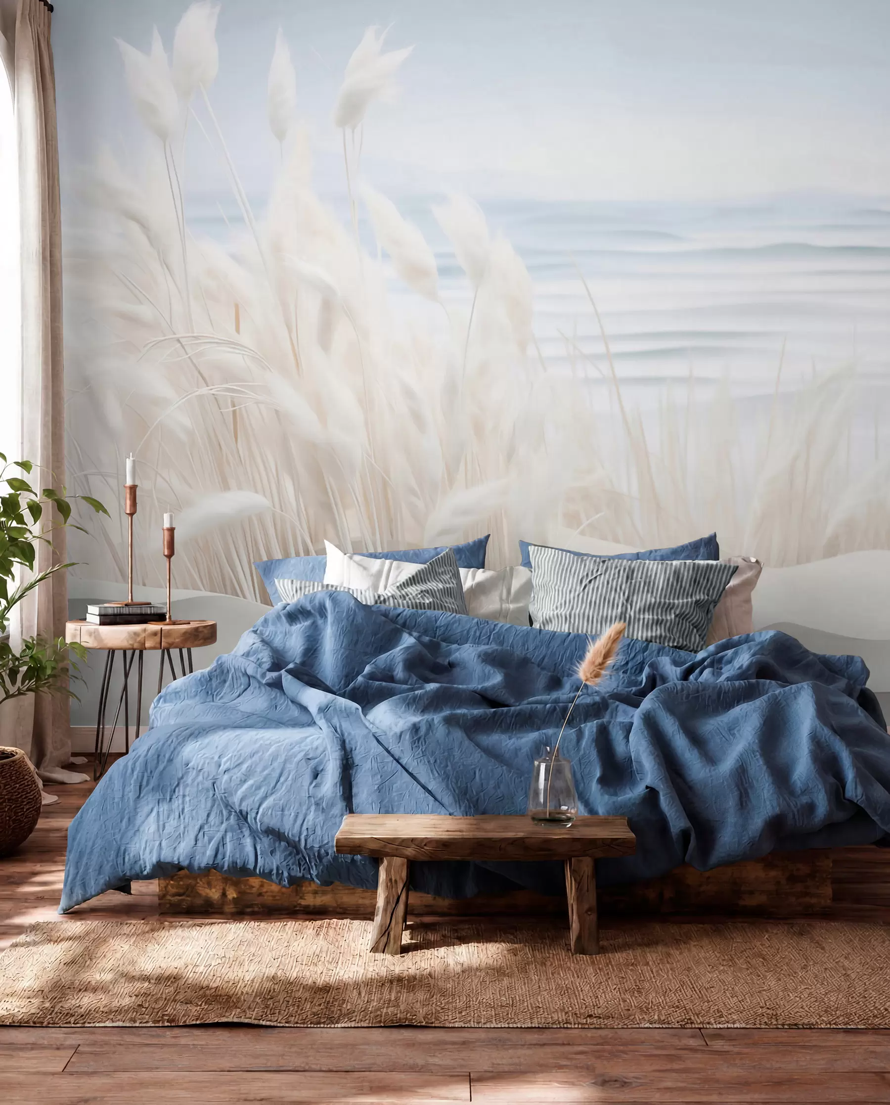 zidne murale Pejzaž s bijelom pampas travom na pješčanoj dini, sa svijetloplavim oceanom u pozadini, mekan, minimalistički stil w09132