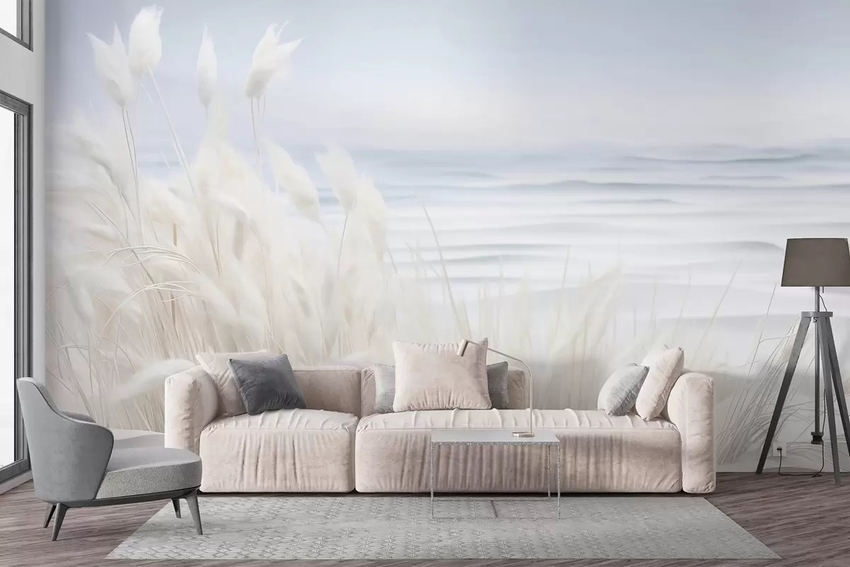 zidne murale Pejzaž s bijelom pampas travom na pješčanoj dini, sa svijetloplavim oceanom u pozadini, mekan, minimalistički stil w09132
