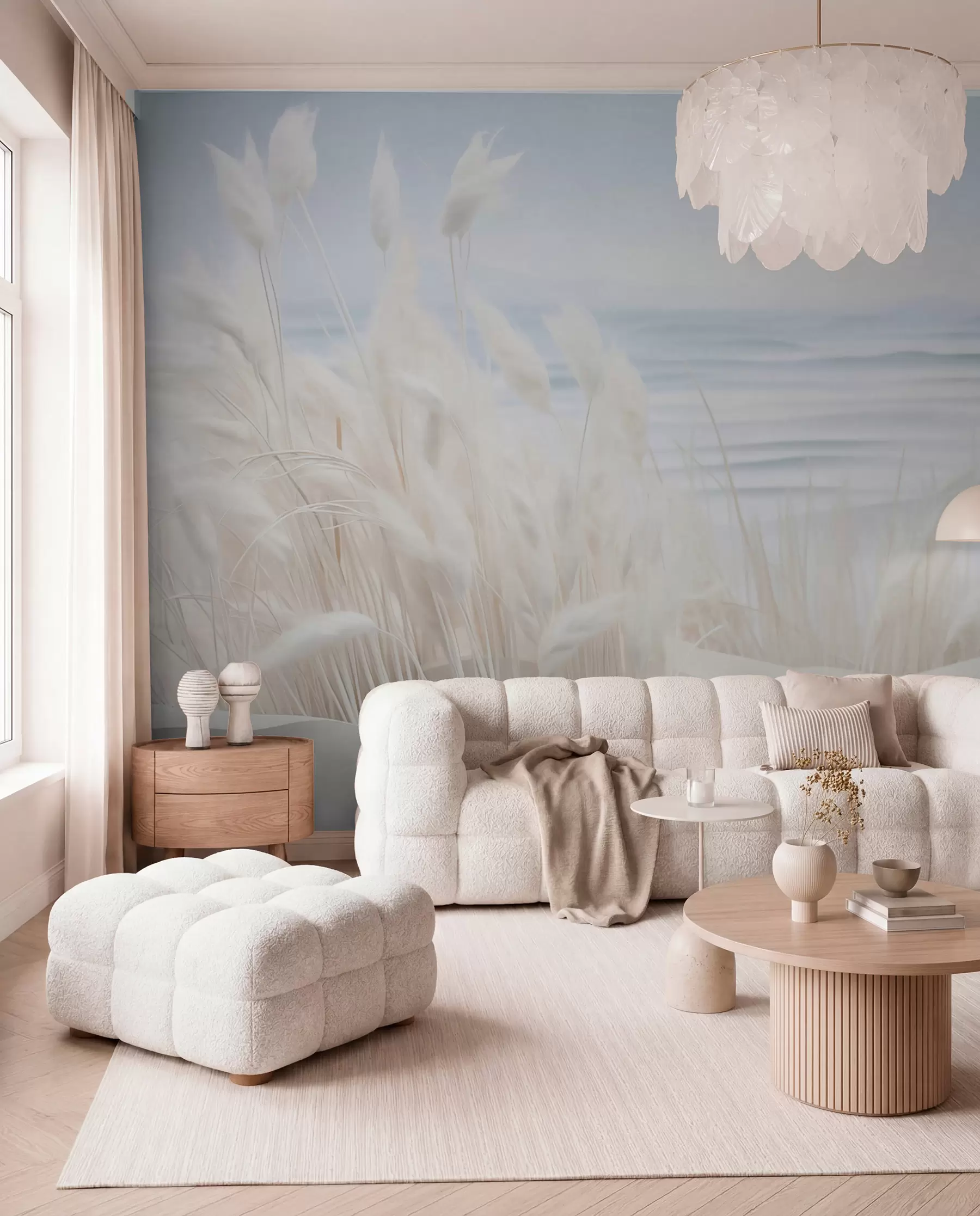 zidne murale Pejzaž s bijelom pampas travom na pješčanoj dini, sa svijetloplavim oceanom u pozadini, mekan, minimalistički stil w09132