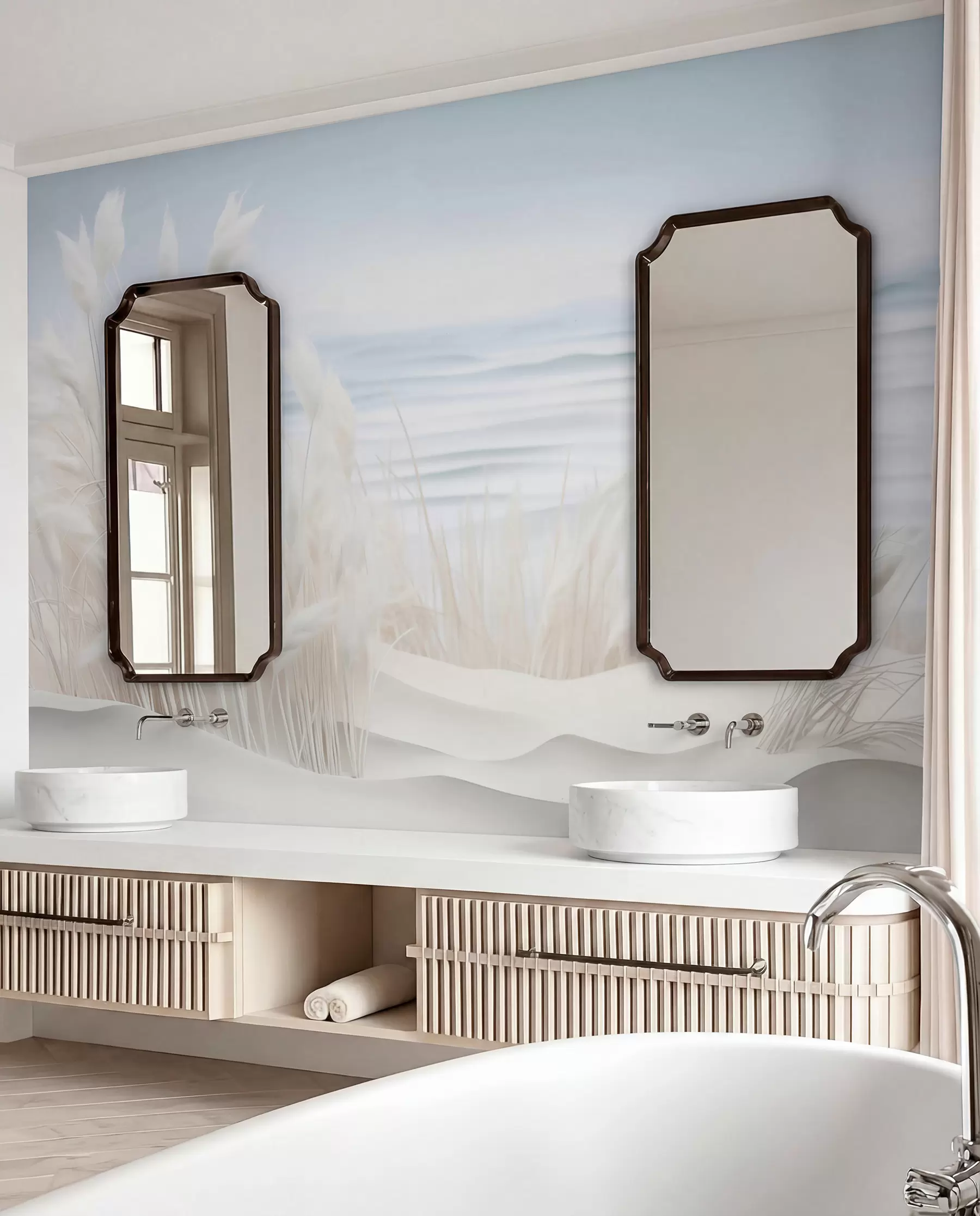 zidne murale Pejzaž s bijelom pampas travom na pješčanoj dini, sa svijetloplavim oceanom u pozadini, mekan, minimalistički stil w09132