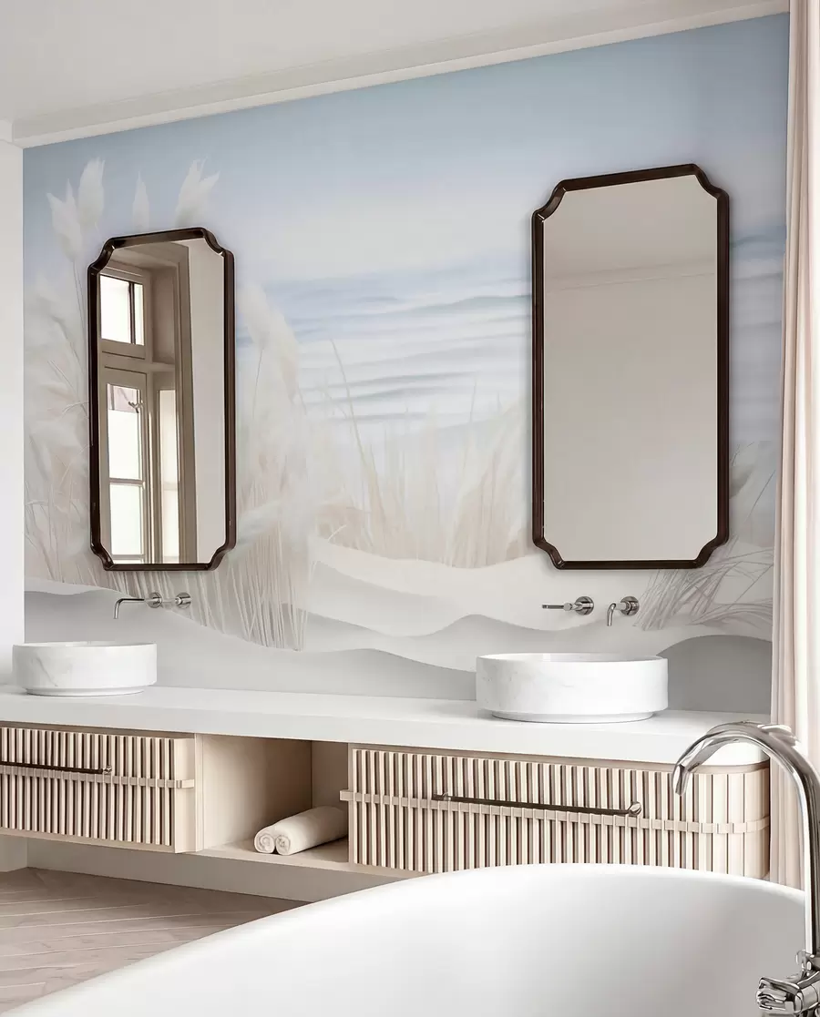 zidne murale Pejzaž s bijelom pampas travom na pješčanoj dini, sa svijetloplavim oceanom u pozadini, mekan, minimalistički stil w09132