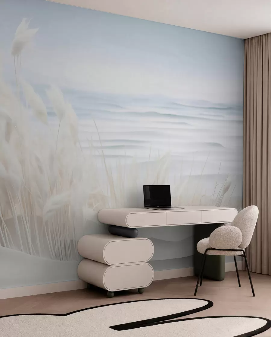 zidne murale Pejzaž s bijelom pampas travom na pješčanoj dini, sa svijetloplavim oceanom u pozadini, mekan, minimalistički stil w09132