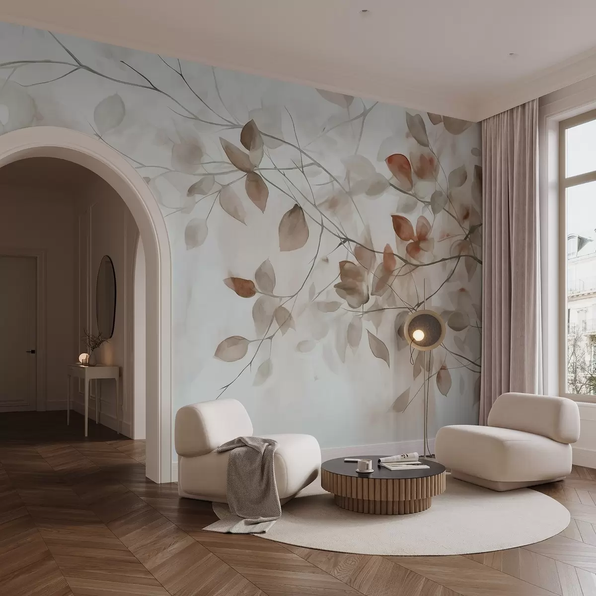 zidne murale Teksturna akvarelna imitacija smeđeg lišća i grana, meke boje, nježni detalji na bijeloj pozadini w09133