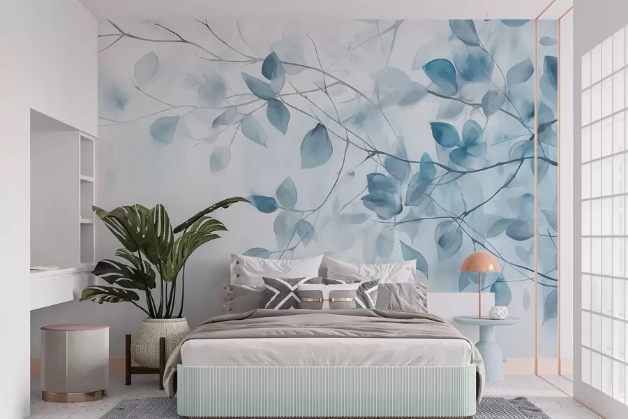 zidne murale Teksturna akvarelna imitacija plavog lišća i grana, meke boje, nježni detalji na bijeloj pozadini w09133v1