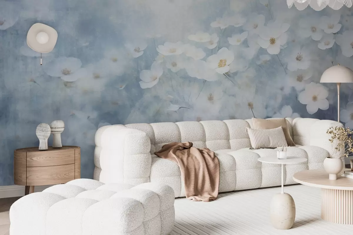 zidne murale Teksturno polje bijelih cvjetova anemona, meki fokus, sanjiva atmosfera, svijetloplava i bijela paleta boja, proljetna livada w09134