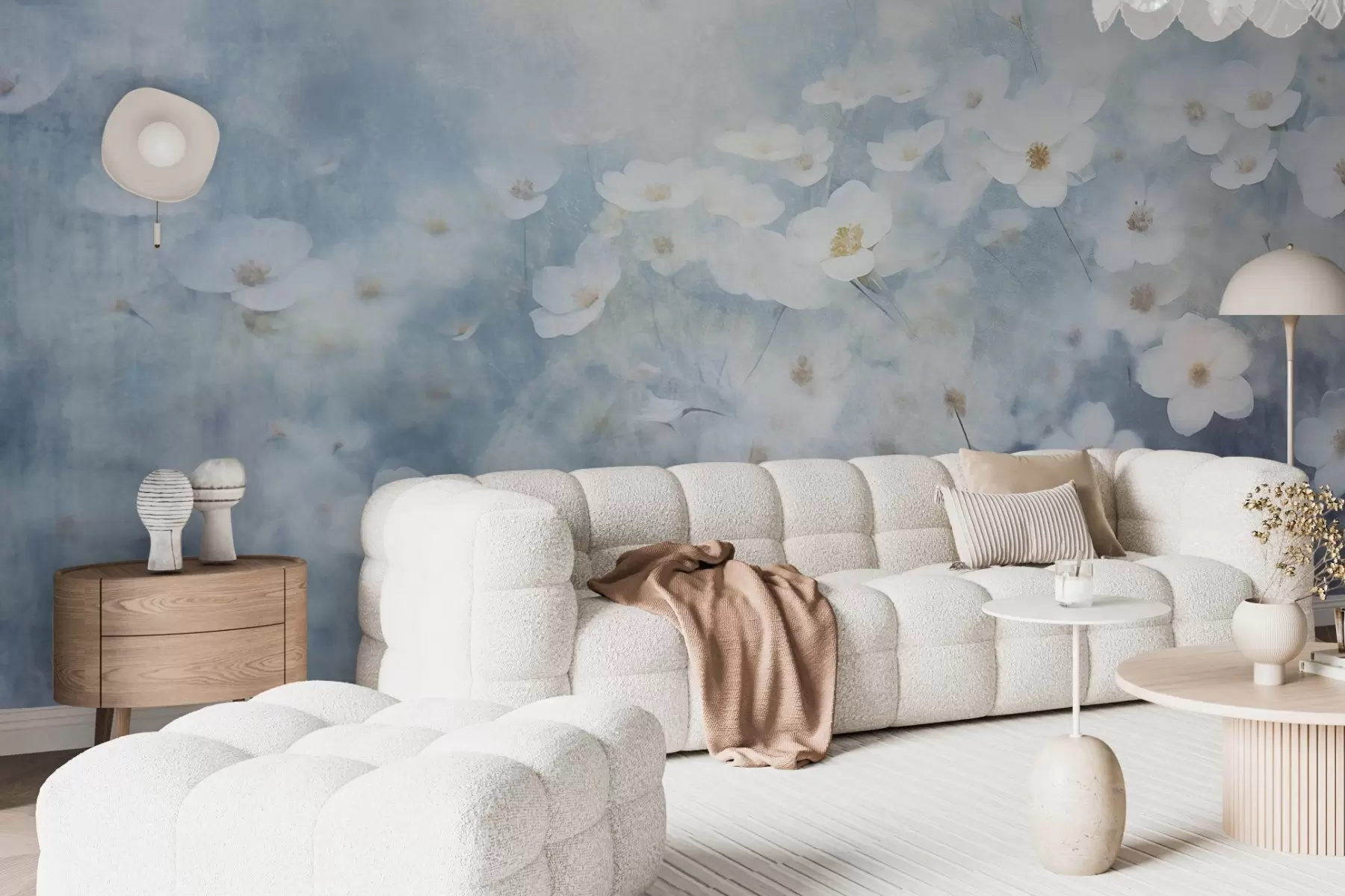 zidne murale Teksturno polje bijelih cvjetova anemona, meki fokus, sanjiva atmosfera, svijetloplava i bijela paleta boja, proljetna livada w09134