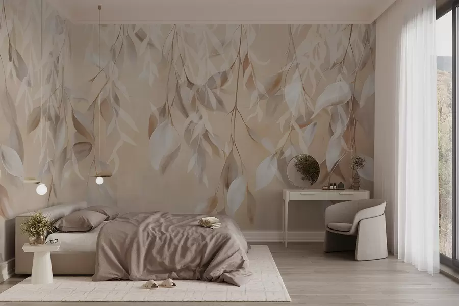 zidne murale Viseće teksturirano bijelo i bež lišće s mekom paletom boja, breskvastom, sivom i bijelom nježnom pozadinom  w09136