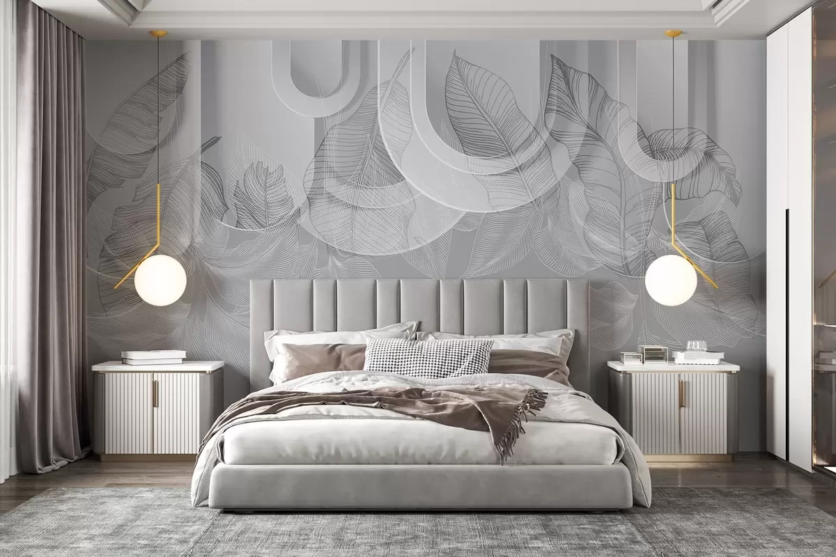 zidne murale Apstraktna pozadina sa sivim lukovima i bijelim tropskim lišćem, minimalistički dizajn, elegantan i moderan, neutralna paleta boja w09138