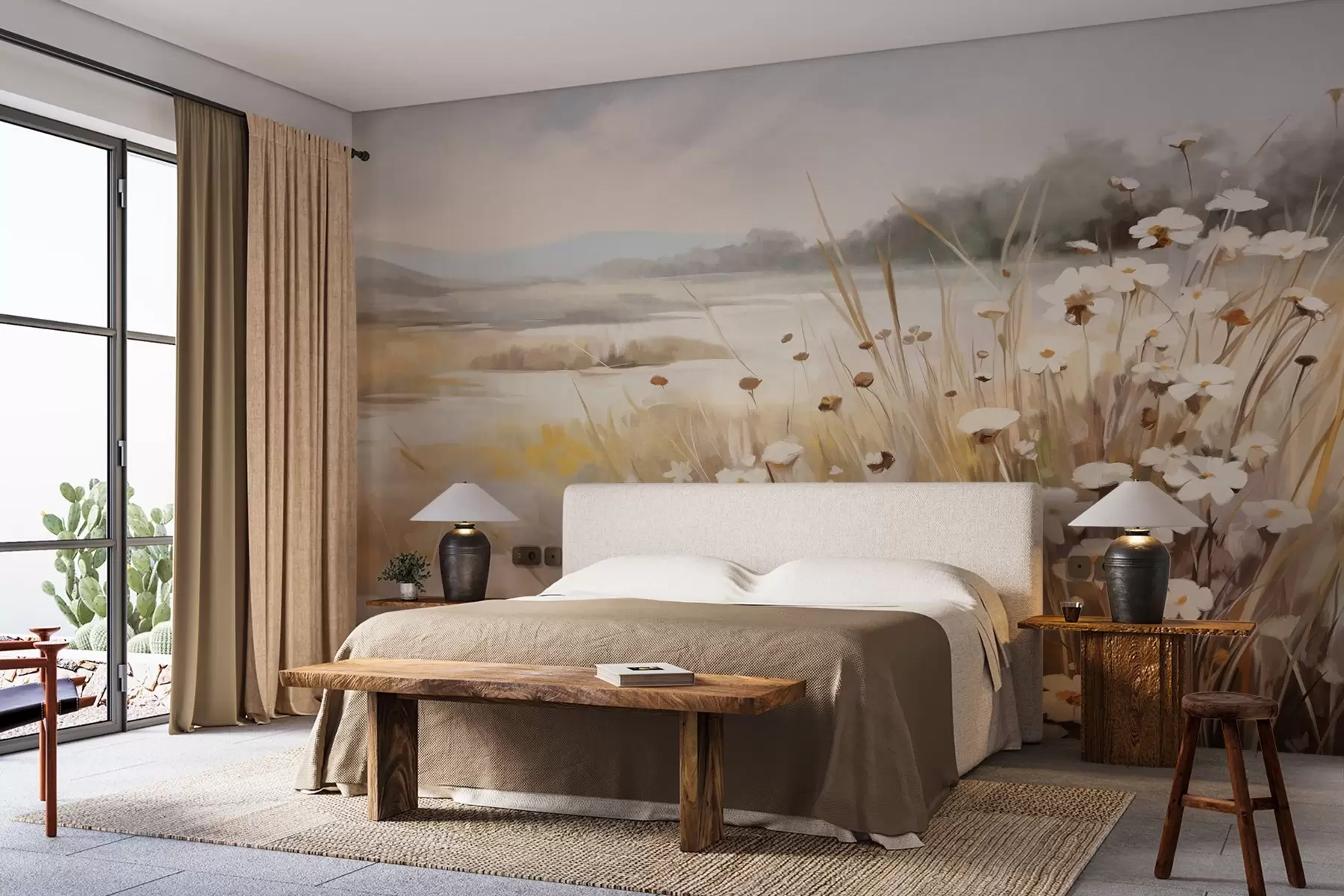 zidne murale Polje visoke trave i bijelih tratinčica, drveće u pozadini, pod oblačnim nebom, teksturirani krajolik, meki potezi kistom w09139