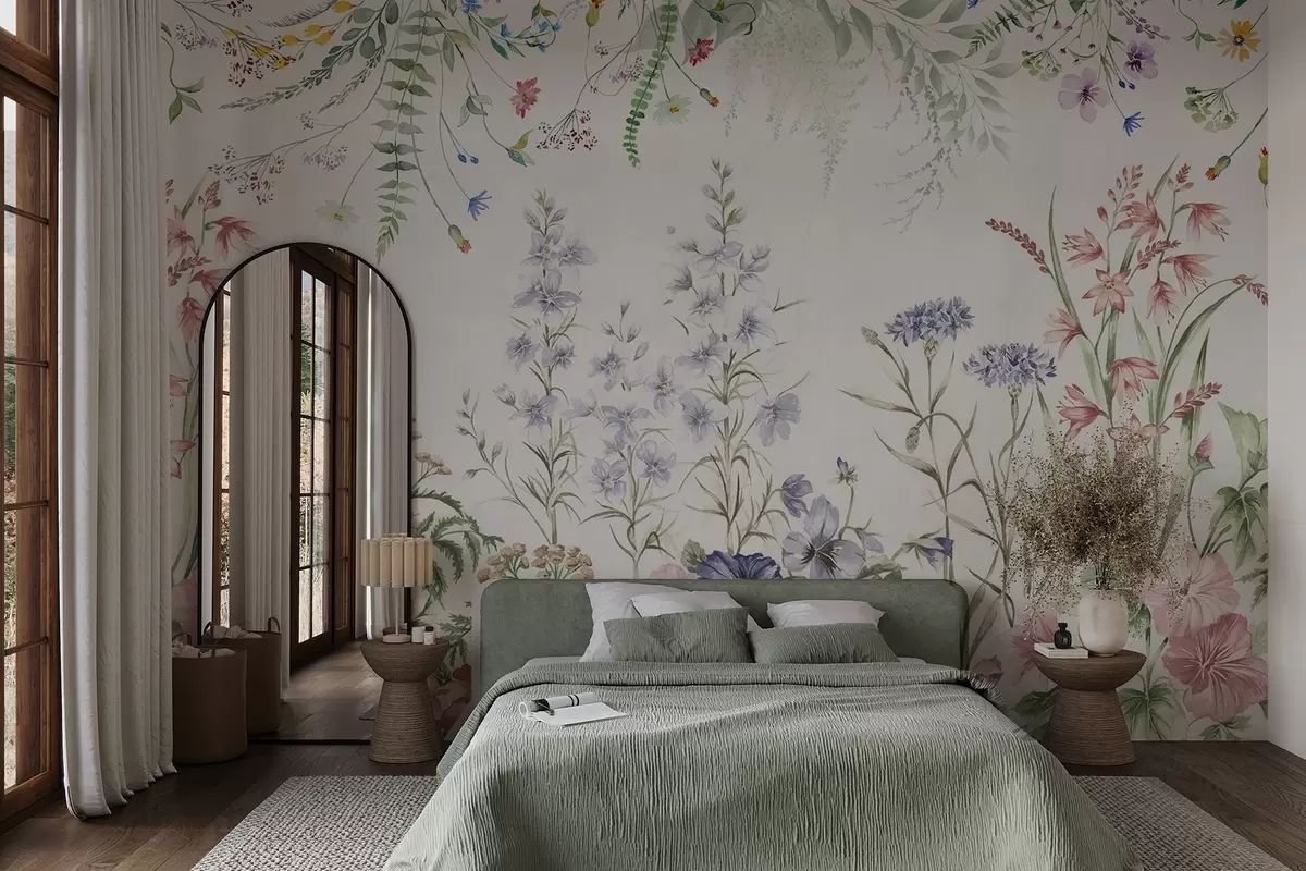 zidne murale Cvjetni teksturni aranžman sa šarenim cvijećem i zelenim lišćem, botanička ilustracija, meke pastelne boje, vintage stil w09143