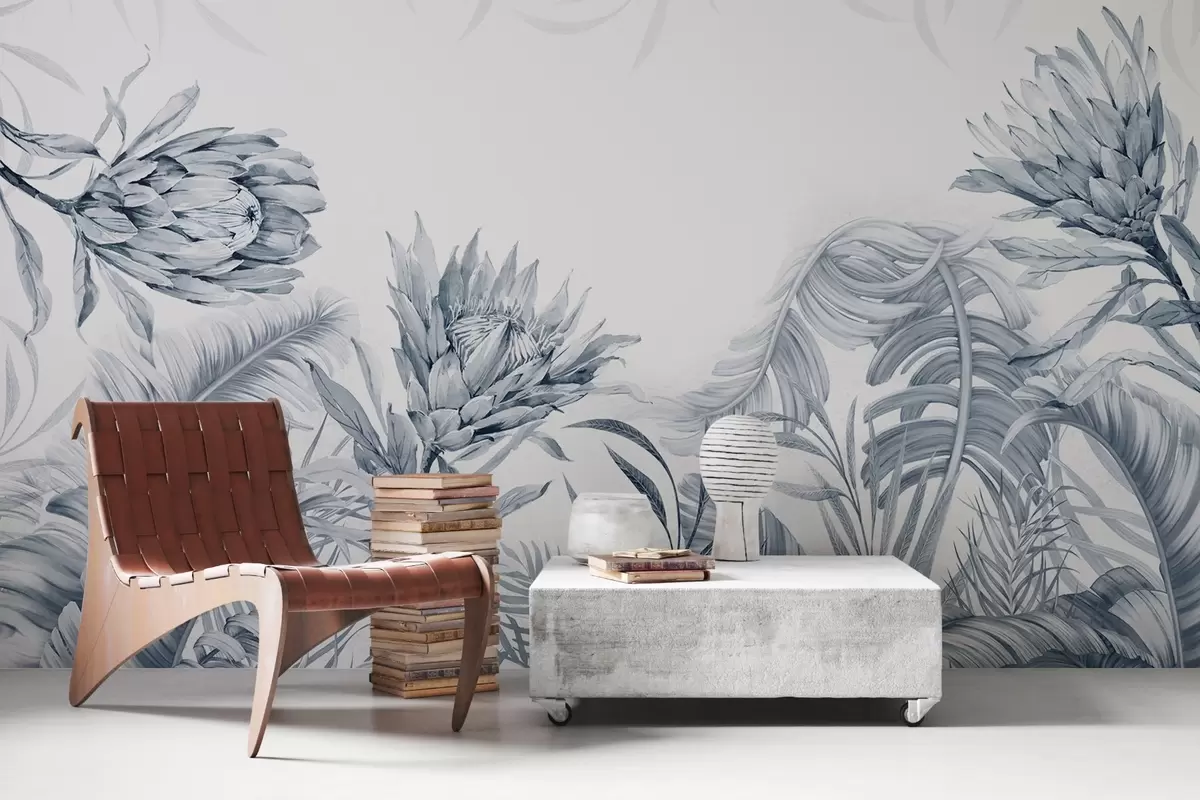 zidne murale Protea među tropskim lišćem, zelene nijanse w03952v2