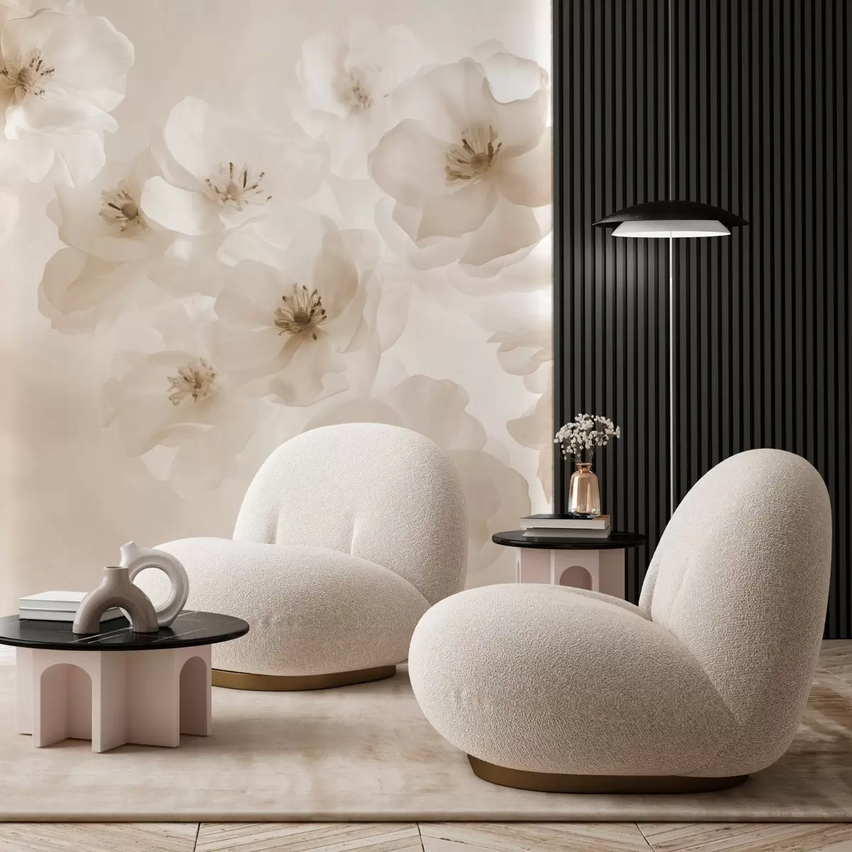 zidne murale Nježni veliki cvjetovi, nijanse bež boje w03931v2