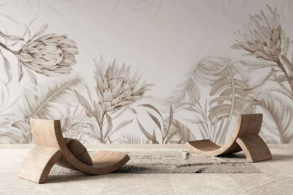 zidne murale Protea među tropskim lišćem, bež nijanse w03952