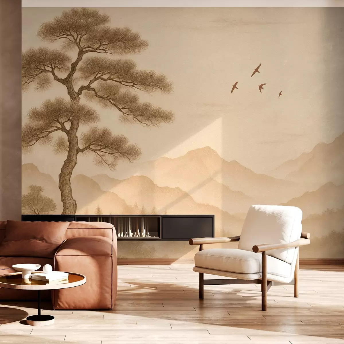 zidne murale panorama brda s velikim drvetom u stilu sepije w04033