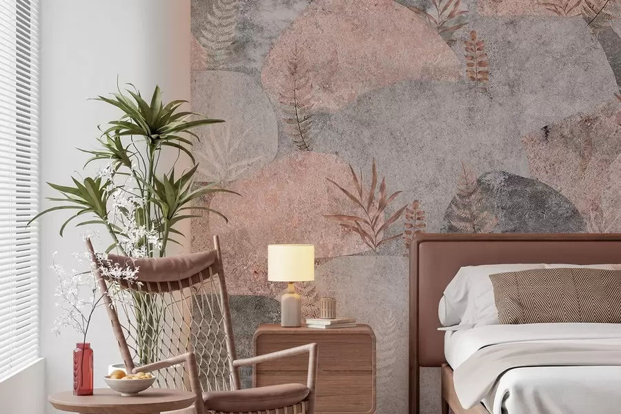 zidne murale Kamenje s biljkama, paprat, nordijski, rustikalni stil, sive i ružičaste boje w04064v1