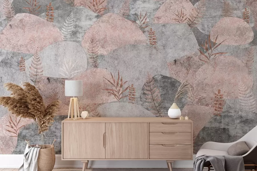 zidne murale Kamenje s biljkama, paprat, nordijski, rustikalni stil, sive i ružičaste boje w04064v1