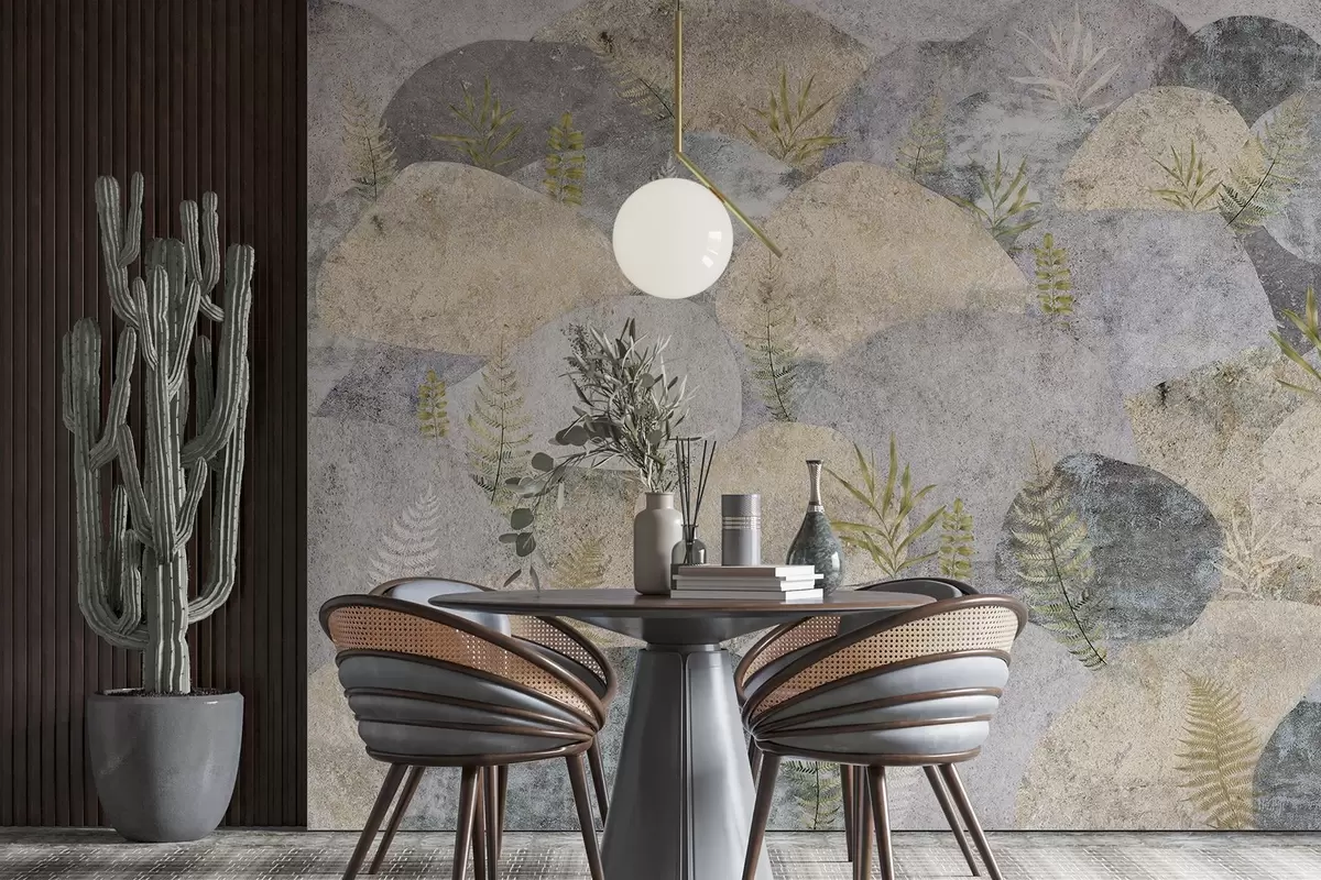 zidne murale Kamenje s biljkama, paprat, nordijski, rustikalni stil, sive i pješčane boje w04064