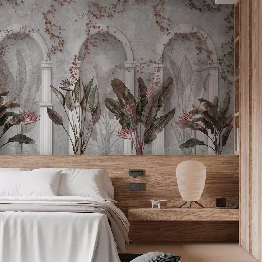 zidne murale Betonski zid s lukovima i tropskim biljkama, cvjetnim, bordo bojama w04065v1