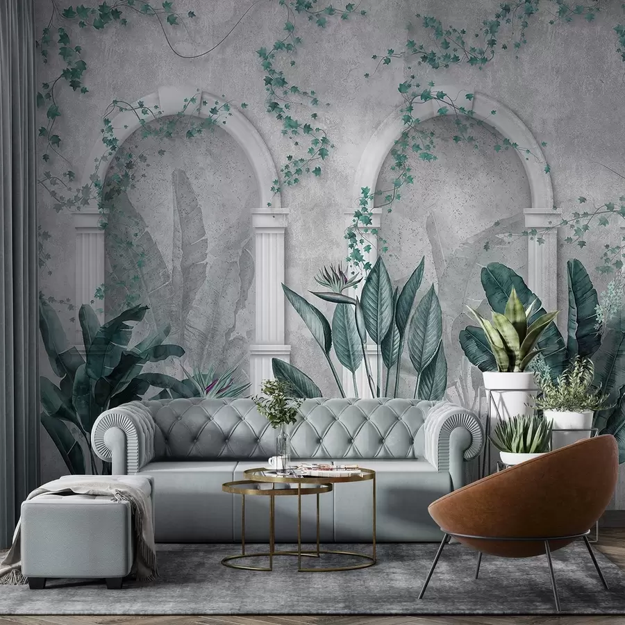 zidne murale Betonski zid s lukovima i tropskim biljkama, cvjetnim, plavim bojama w04065v2