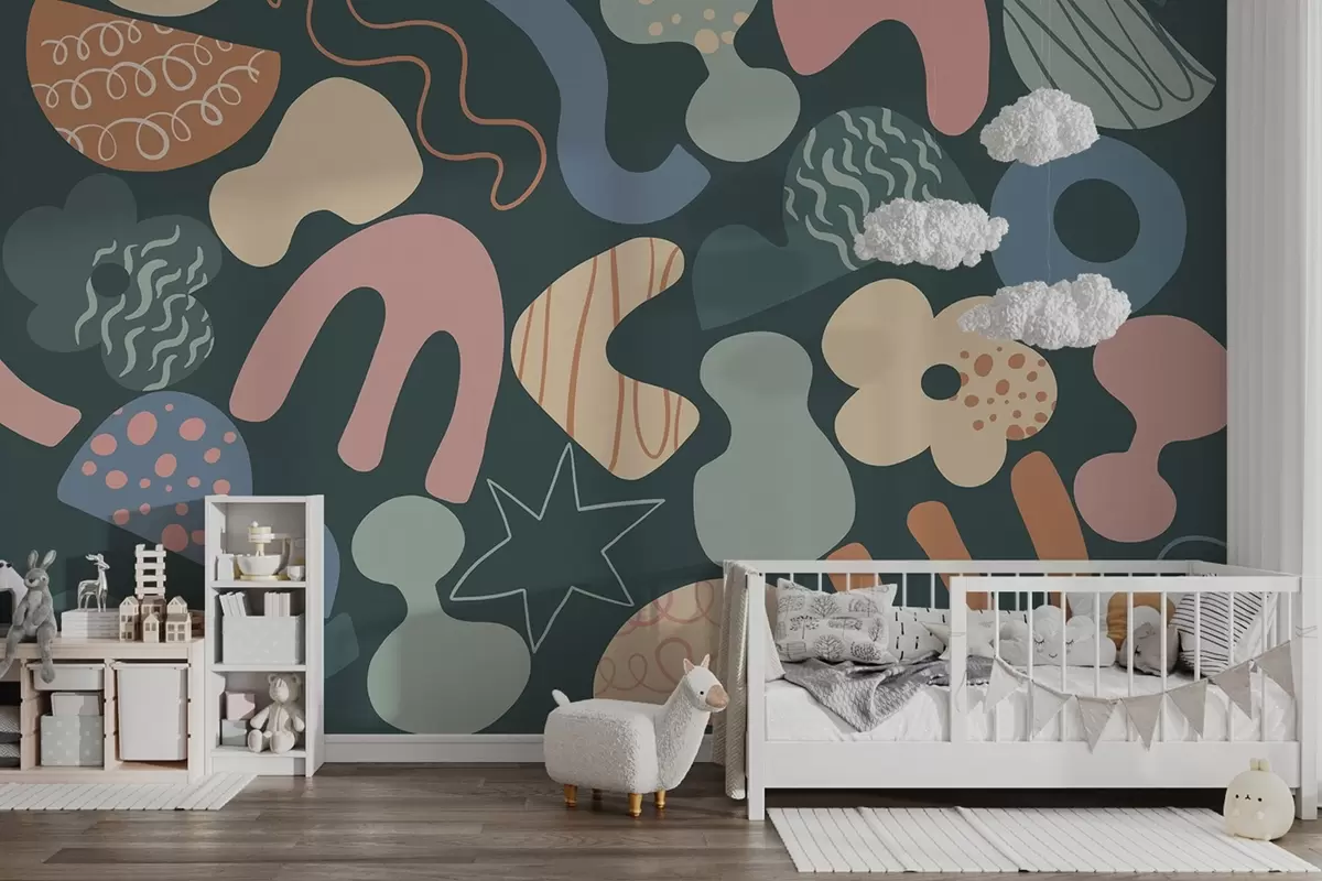 zidne murale Geometrijski likovi s crtežima, maloljetnici, tamnozelena pozadina   w04068v3