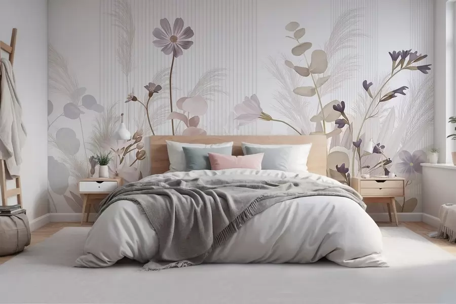 zidne murale Cvijeće u pastelnim bojama, svijetlosmeđe lišće, bijela pozadina s okomitim linijama, elegantno i minimalističko  w09161