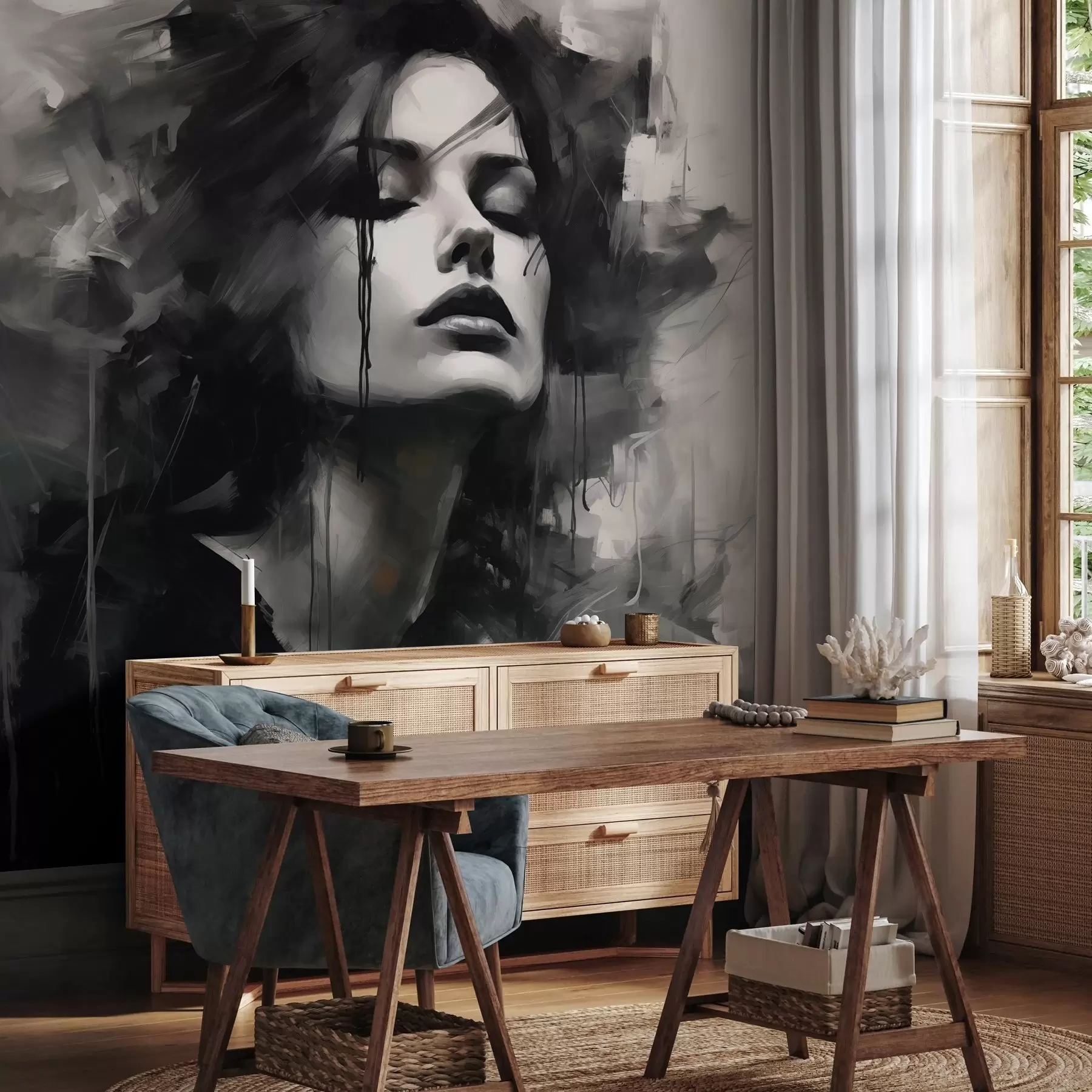 zidne murale Portret žene u sivoj i crnoj odjeći w04049