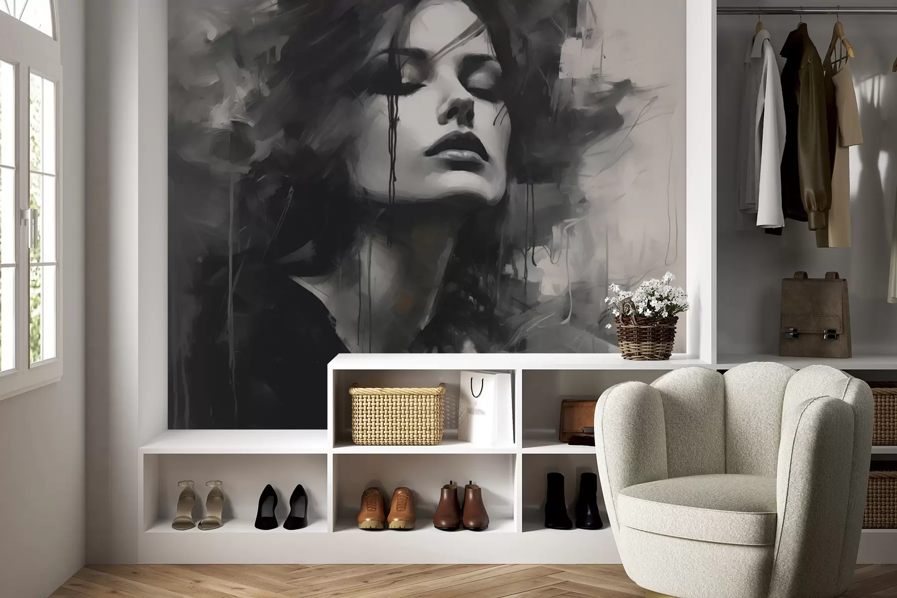 zidne murale Portret žene u sivoj i crnoj odjeći w04049