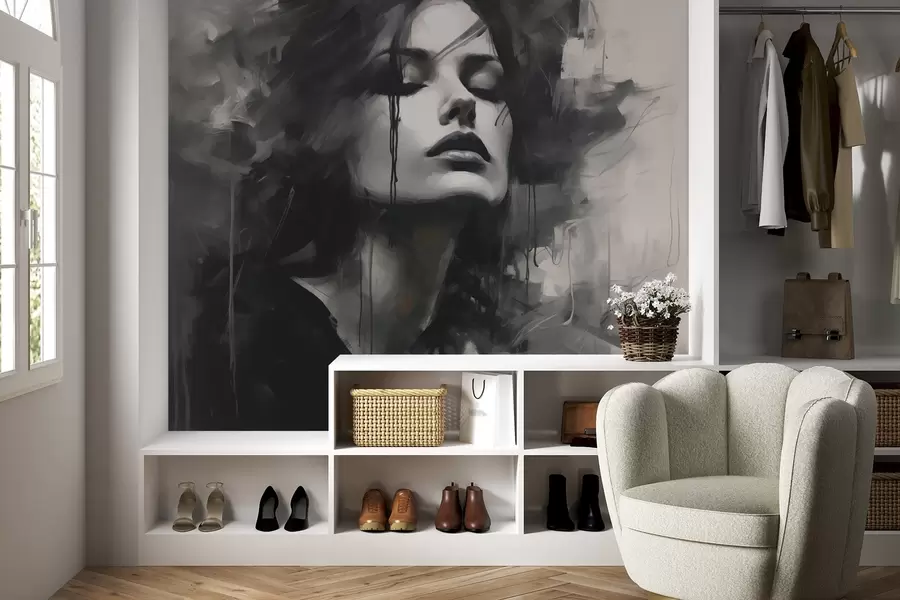 zidne murale Portret žene u sivoj i crnoj odjeći w04049