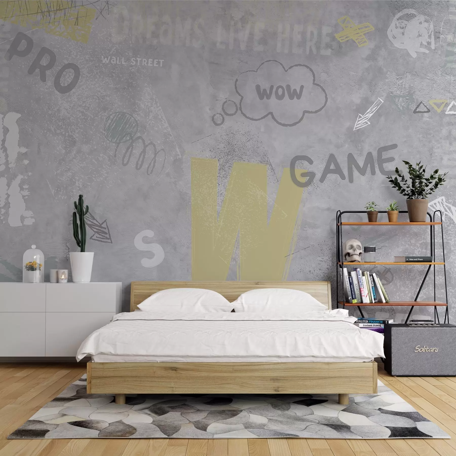 zidne murale Dizajn u stilu ulične umjetnosti sa žutim natpisima na pozadini betonskog zida w04056