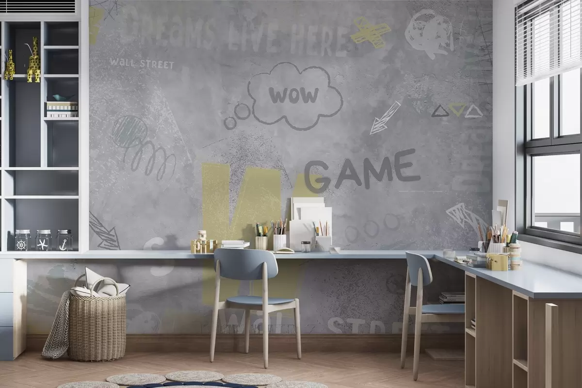 zidne murale Dizajn u stilu ulične umjetnosti sa žutim natpisima na pozadini betonskog zida w04056