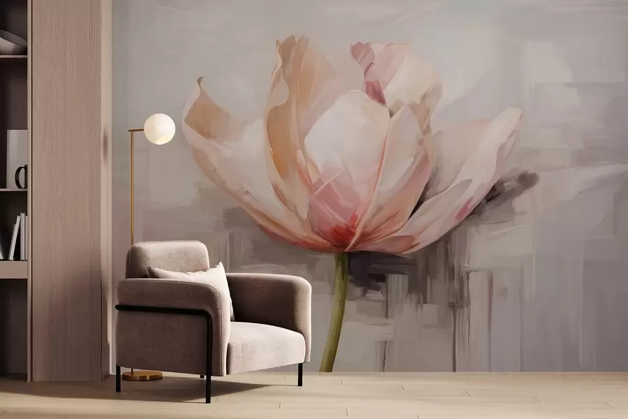 zidne murale Ružičasti tulipan, imitacija uljane slike s mekim potezima kista, apstraktna pozadina s pastelnim nijansama sive i bež w09187
