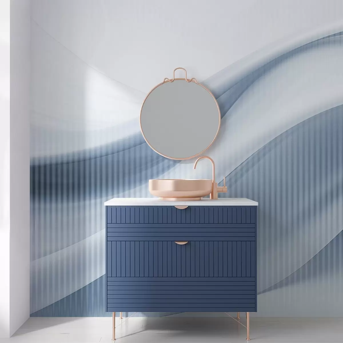 zidne murale Apstraktni print s tekućim linijama i suptilnim okomitim prugama, stvarajući osjećaj kretanja i dubine, plava paleta w09189v1