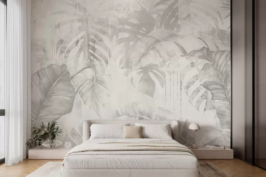 zidne murale Tropsko lišće u grunge stilu, monokromatske nijanse w03956v1