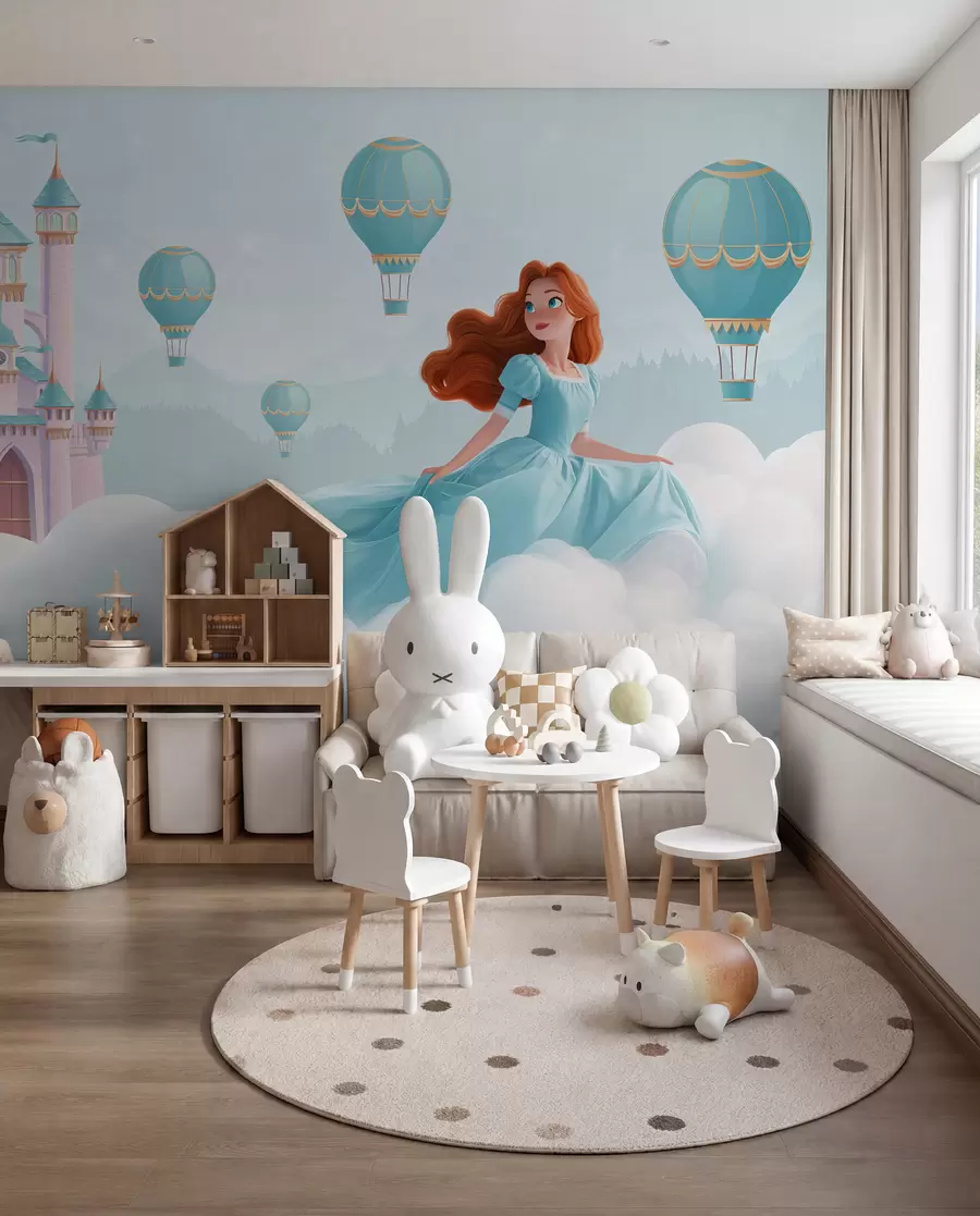 zidne murale Princeza među oblacima na pozadini krajolika s dvorcem w04015