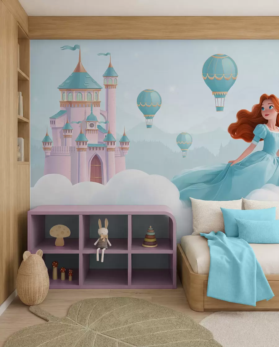 zidne murale Princeza među oblacima na pozadini krajolika s dvorcem w04015