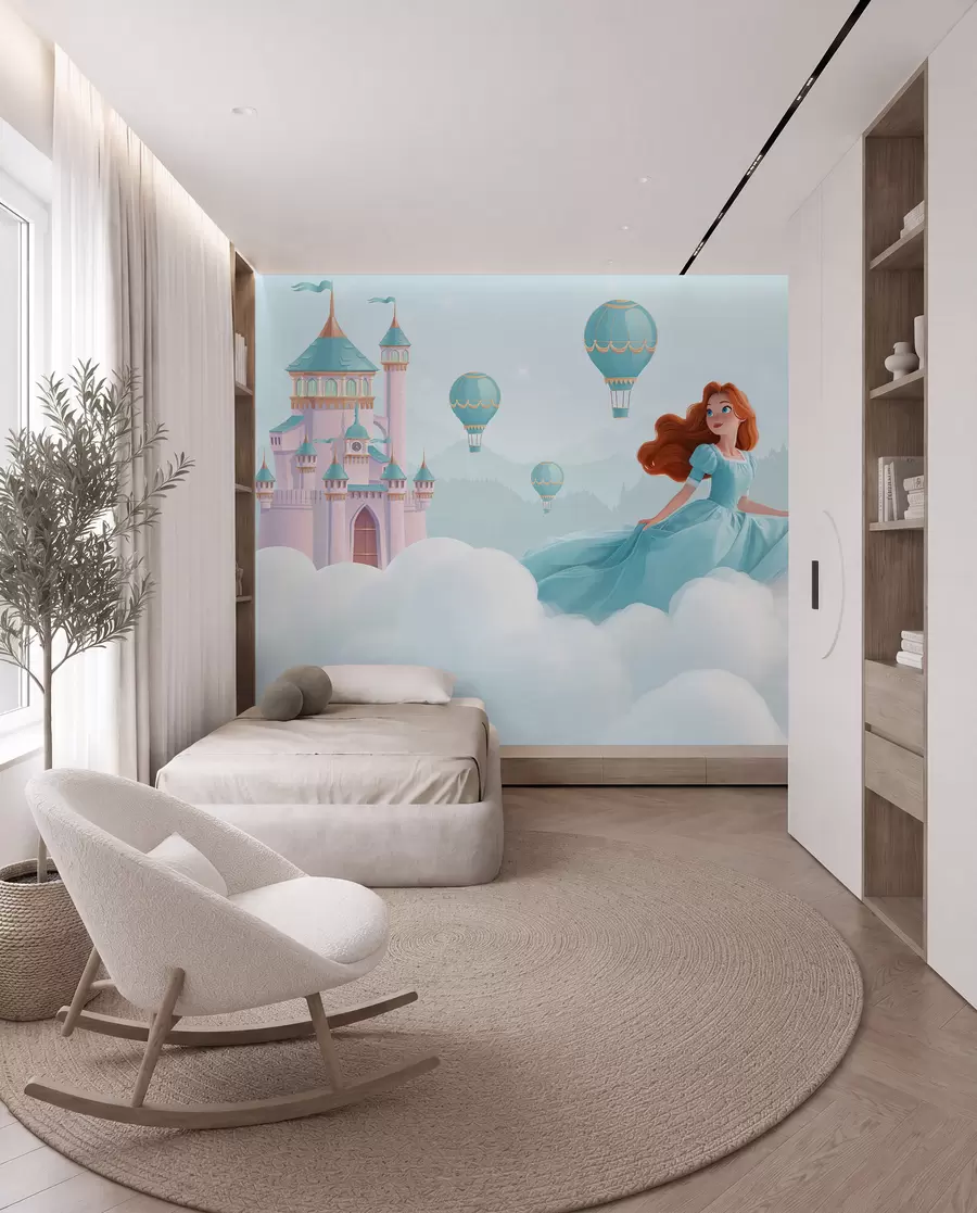 zidne murale Princeza među oblacima na pozadini krajolika s dvorcem w04015
