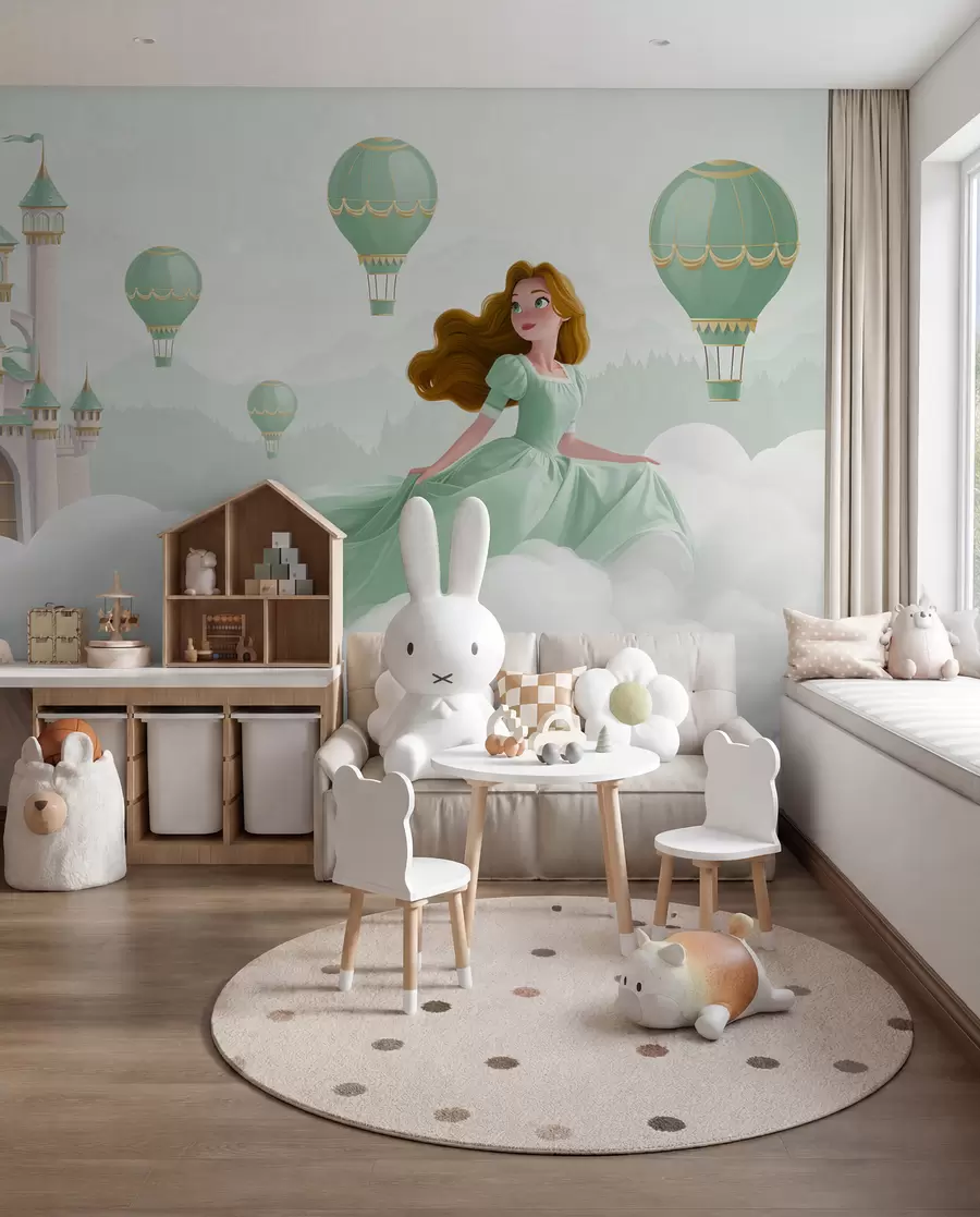 zidne murale Princeza među oblacima na pozadini krajolika s dvorcem w04015v2