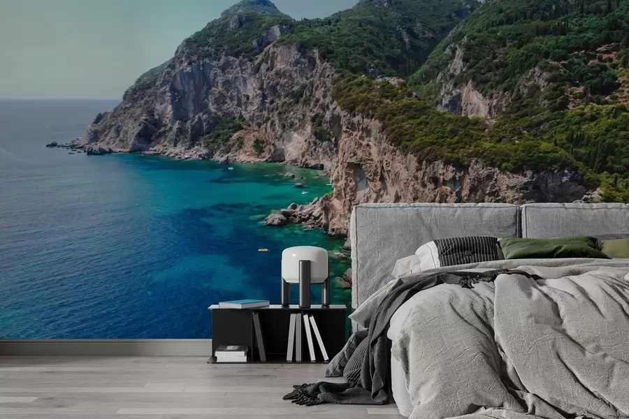 zidne murale Stjenovite planine blizu mora, crtež uljem, akvamarin voda w04096